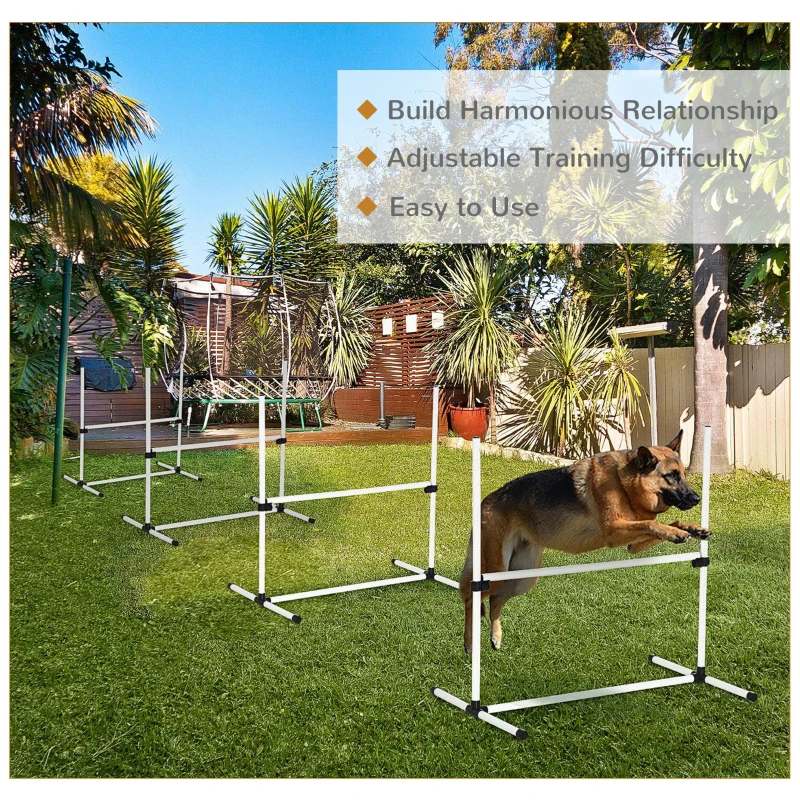 PawHut 4 Pieces Dog Agility Training Equipment, Adjustable Height Jumps Hurdle with Carrying Bag for Outdoor, White