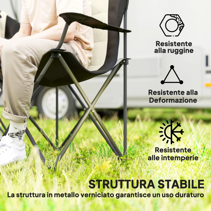 Outsunny Set 2 Sedie da Campeggio Pieghevoli con Schienale Alto, Portabicchieri e Borse di Trasporto, Crema