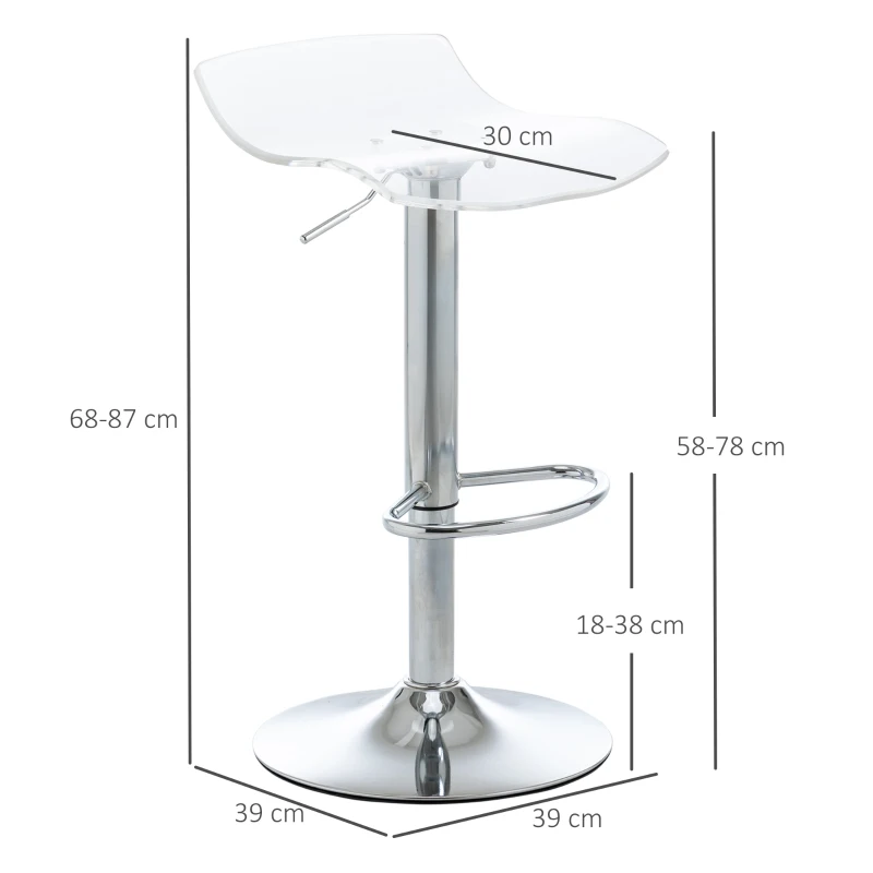 HOMCOM Conjunto de 2 taburetes de bar de diseño contemporáneo con asiento de acrílico y base de metal giratorio 360° altura ajustable