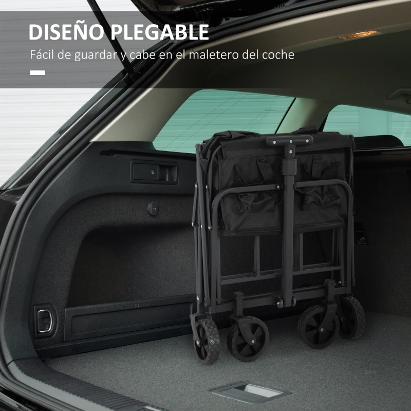 Outsunny Carro de Jardín Plegable con Ruedas Asa Telescópica Ajustable Carga 120 kg para Campaña Compra 64x42x27 cm Negro