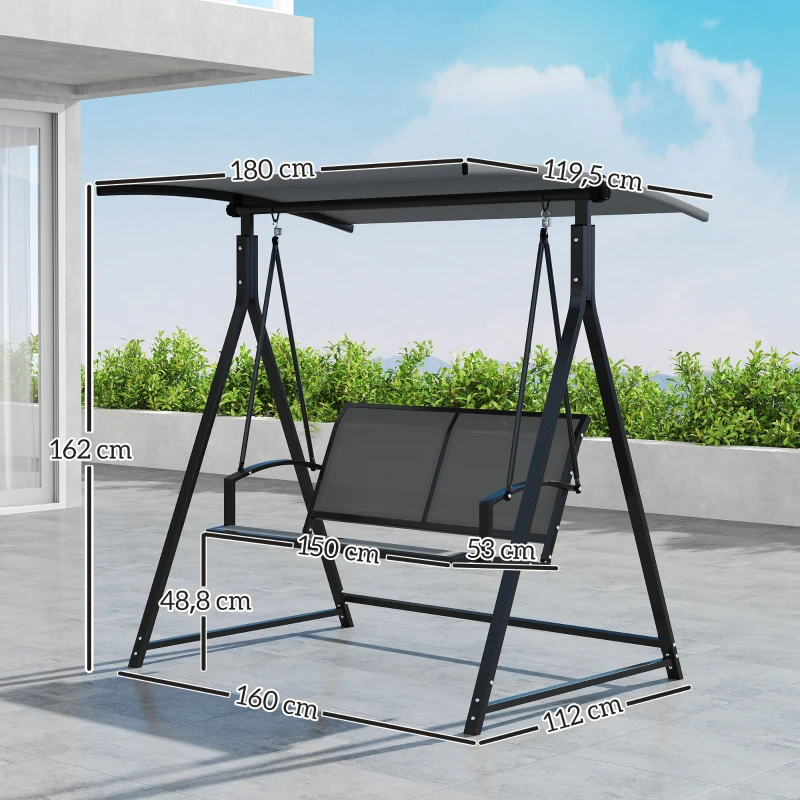 Outsunny Columpio de Jardín de 2 Plazas con Toldo Ajustable y Estructura Triangular de Metal Carga 220 kg 160x112x162 cm Gris