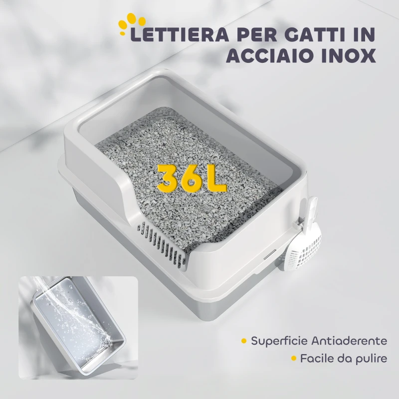 PawHut Lettiera per Gatti con Bordi Rialzati, Vassoio e Paletta, in Acciaio Inox e PP, 60x40x28 cm, Grigio Chiaro