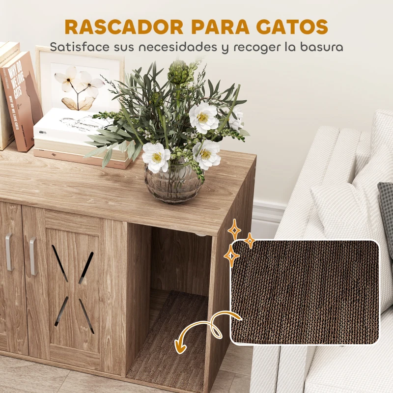 PawHut Mueble Arenero para Gatos 3 en 1 con Puertas Estera para Rascar y Compartimento 80x48x50,5 cm Marrón