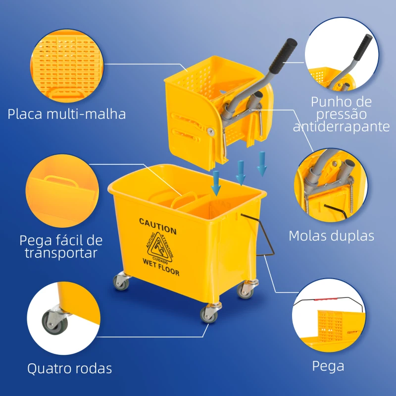 HOMCOM Balde de esfrega profissional 20L com rodas e prensa Balde de esfrega industrial Amarelo 63x27x67cm