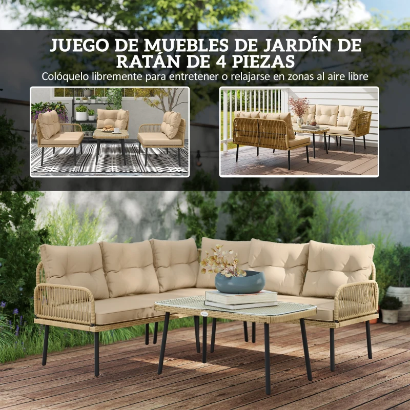 Outsunny Conjunto de Muebles de Jardín de Ratán Sintético de 4 Piezas en Forma de L con Estructura de Acero Cojines y Mesa