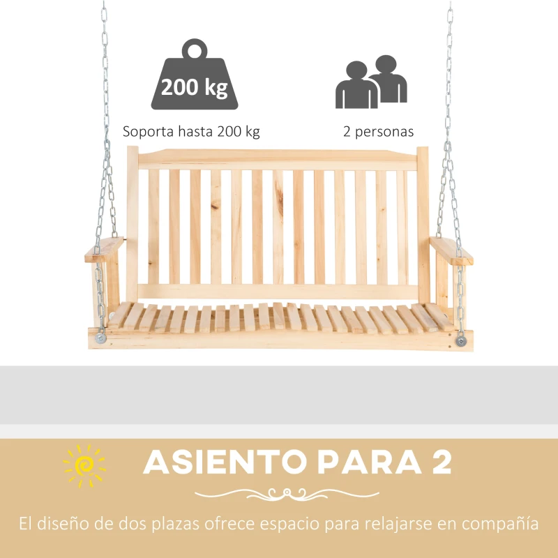 Outsunny Banco Columpio de Madera de 2 Plazas Ajustable con Respaldo y Apoyabrazos para Exterior Jardín 117x69x60 cm Natural
