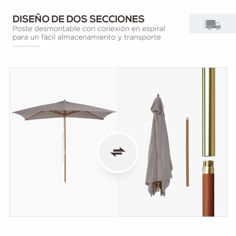 Outsunny Sombrilla de Jardín 295x200x255 cm con Mástil de Madera Varillas de Bambú y Polea Parasol Rectangular para Terraza Gris
