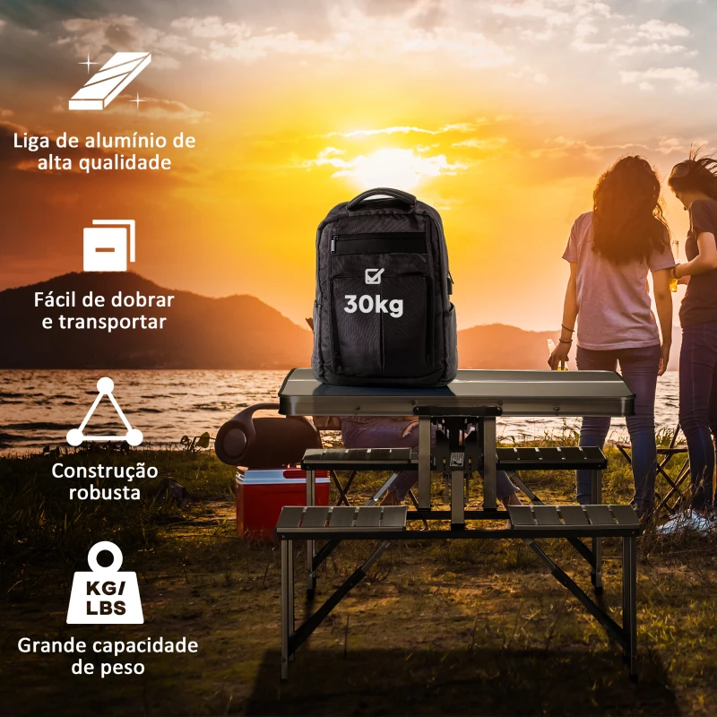 Outsunny Mesa de Campismo Dobrável com 4 Assentos Orifício para Chapéu de Sol e Estrutura de Alumínio para Praia Piquenique 136x85,5x66cm Prata