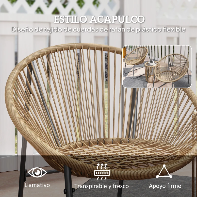 Outsunny Juego de 2 Sillas y Mesa de Ratán con Cojines Acolchados y Encimera de Vidrio para Balcón Terraza Natural