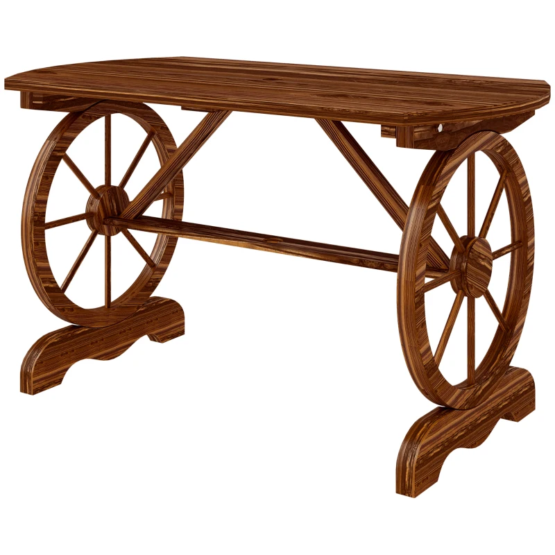 Outsunny Mesa de Jardín de Madera de Abeto con Patas en Forma de Rueda Orificio para Sombrilla 120x63x70 cm Acabado Carbonizado