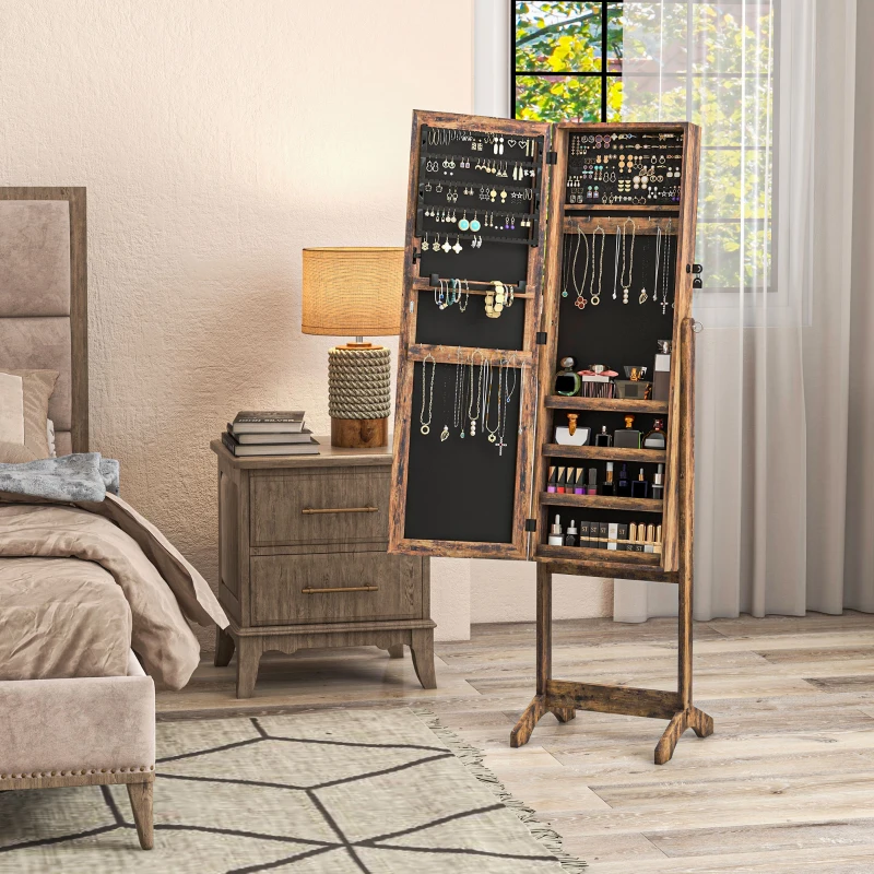 HOMCOM Espejo Joyero de Pie con Ángulo Ajustable y Ranuras para Pendientes Anillos y Collares 46x36,5x151,5 cm Marrón Rústico