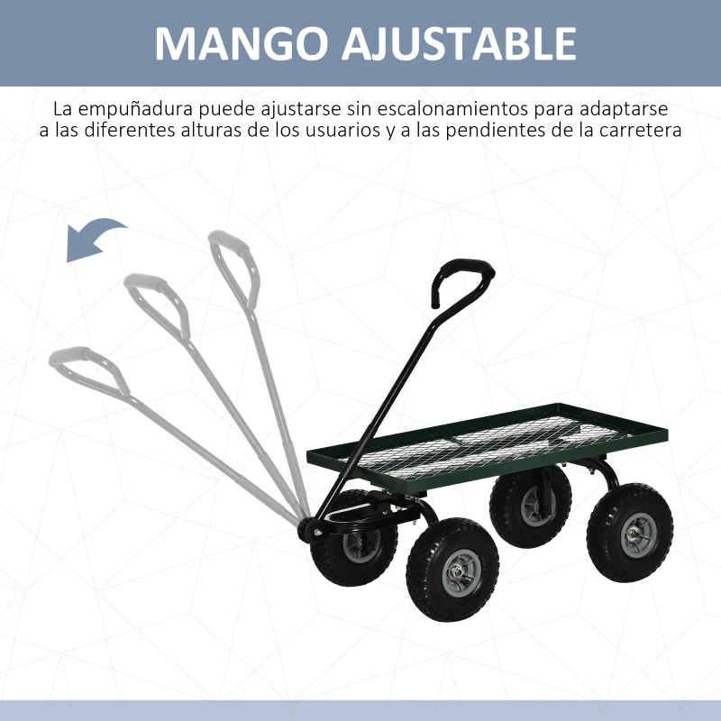 Outsunny Carrito de Jardín con Manija Acolchada y 4 Ruedas Grandes Estructura de Acero Carga 150 kg 94x48,5x100 cm Verde y Negro