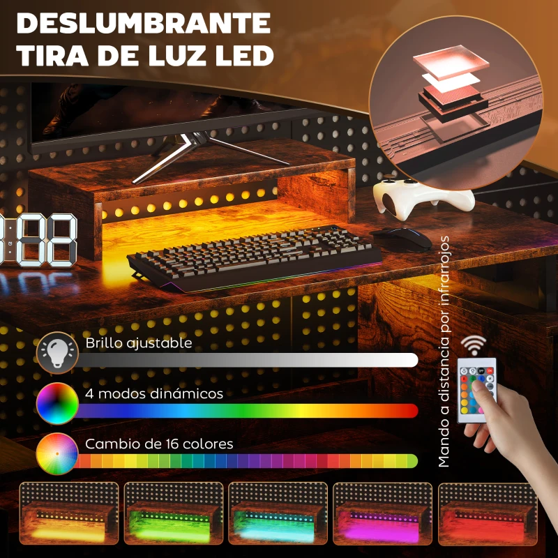 HOMCOM Escritorio con Estante para Monitor Almacenamiento y Luces LED RGB para Oficina o Estudio 142x50x126,5 cm Marrón rústico