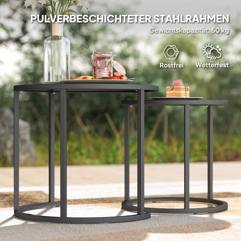 Outsunny 2er Set Beistelltisch Stapelbar Gartentisch Rund wetterfest Balkontisch aus Stahl platzsparend Dunkelgrau