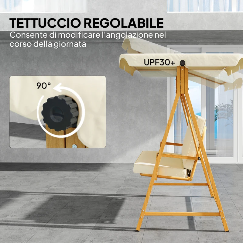 Outsunny Dondolo da Giardino 3 Posti con Tettuccio Regolabile e Cuscini, 195x120x170 cm, Beige