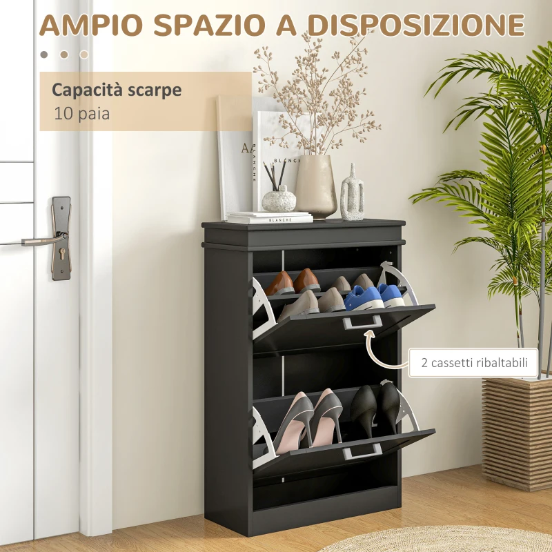 HOMCOM Scarpiera Moderna con 2 Cassetti Ribaltabili per 10 Paia di Scarpe e Ripiano Regolabile, 54x24x82.5cm, Nero