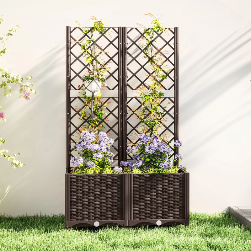 Outsunny Jardinera con Enrejado de Plástico para Plantas Trepadoras con Drenaje y Amplio Espacio de Cultivo 80x40x135 cm Marrón
