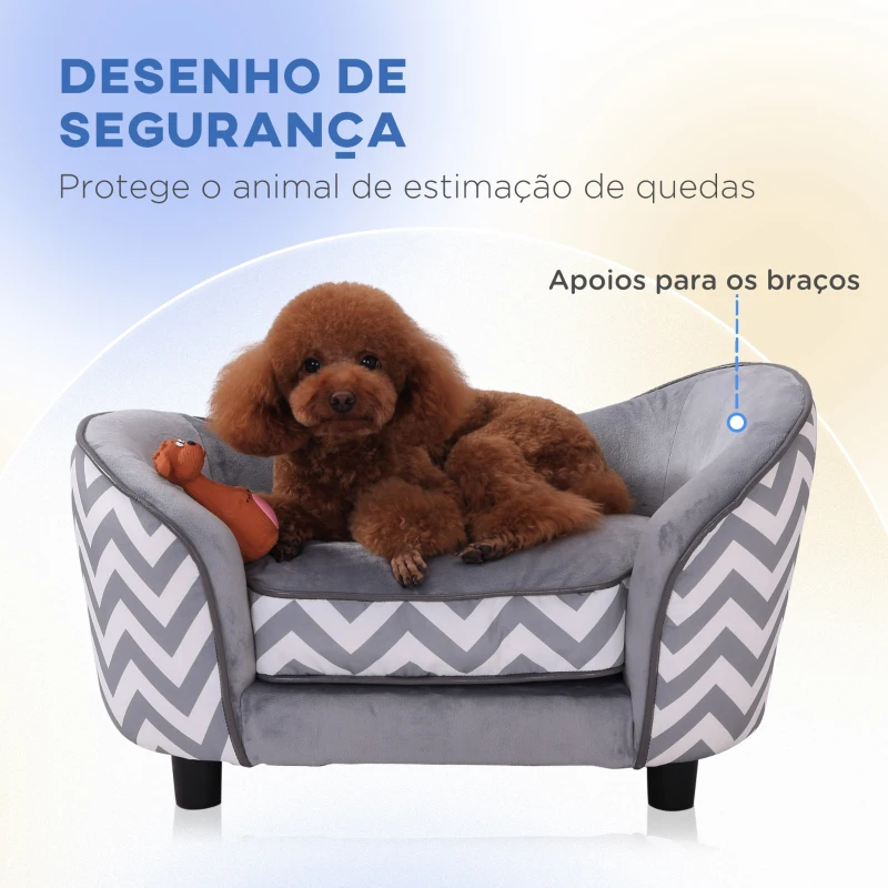 PawHut Sofá para animais de estimação acolchoado de madeira com almofadas grossas e bolso de armazenamento 68,5x40,5x40,5 cm Cinza