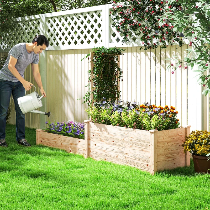 Outsunny Jardinera Elevada con Celosía de Madera para Plantas Trepadoras y 2 Cajas de Cultivo  222x63x132 cm Natural