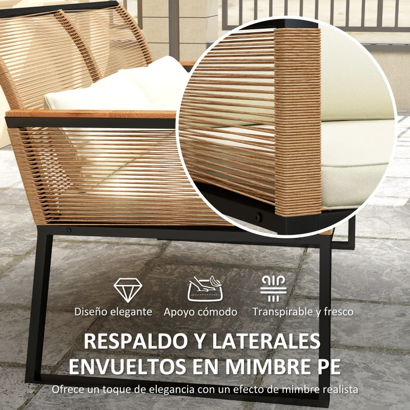 Outsunny Conjunto de Muebles de Jardín 4 Piezas de Ratán Sintético con 2 Sillones Sofá de 2 Plazas Mesa de Café Natural y Crema