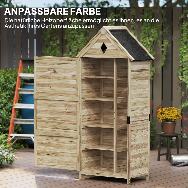 Outsunny Gartenschuppen mit 4 Regalen, Lagerschuppen aus Holz, wasserdichtes Asphalt-Dach, 80 x 49 x 170 cm, Hellbraun