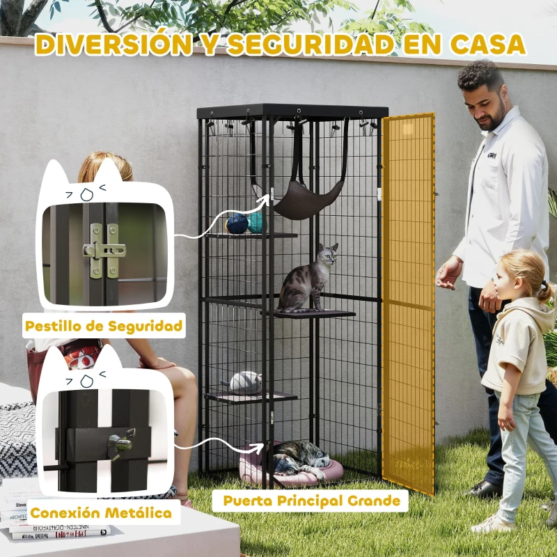 PawHut Jaula para Gatos Exterior e Interior Metálica con Cubierta Impermeable Perchas Hamaca y Puerta 61,5x55x157 cm Negro