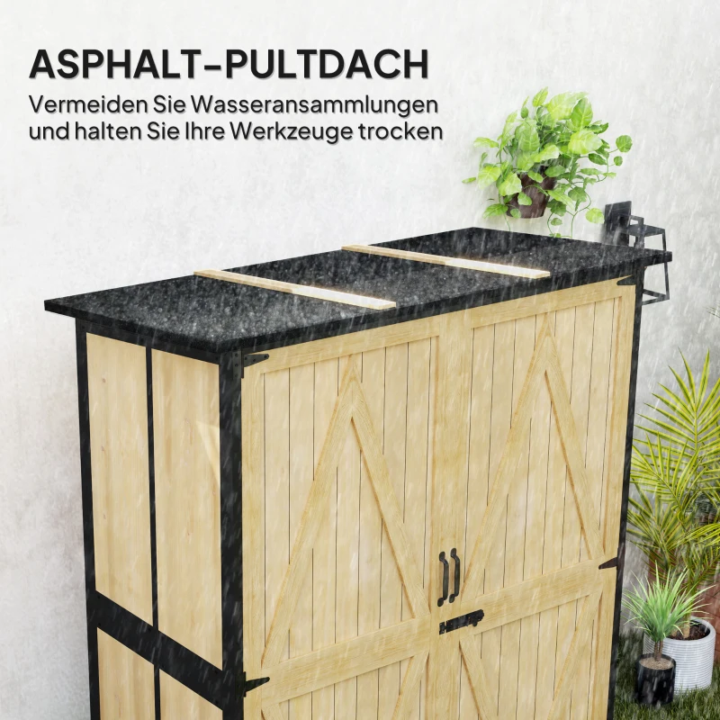 Outsunny Gartenschrank aus Holz und Stahl, Outdoor-Werkzeugschrank mit Asphalt-Dach, 2 Regale, verschließbare Türen, Naturholz(m-5)