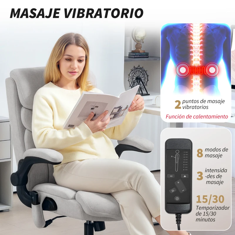 HOMCOM Silla de Oficina con Masaje Altura Ajustable y Reposabrazos Abatibles Tapizado Transpirable 66x67x113-121 cm Gris