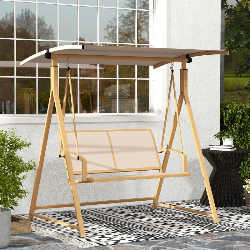 Outsunny Columpio de Jardín de 2 Plazas con Toldo Ajustable y Estructura Triangular de Metal Carga 220 kg 160x112x162 cm Caqui