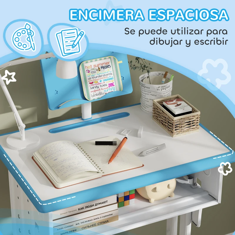 HOMCOM Juego de Escritorio y Silla Infantil de +6 Años Altura Ajustable con 1 Cajón y Estante para Libros 60x45x90-102 cm Azul