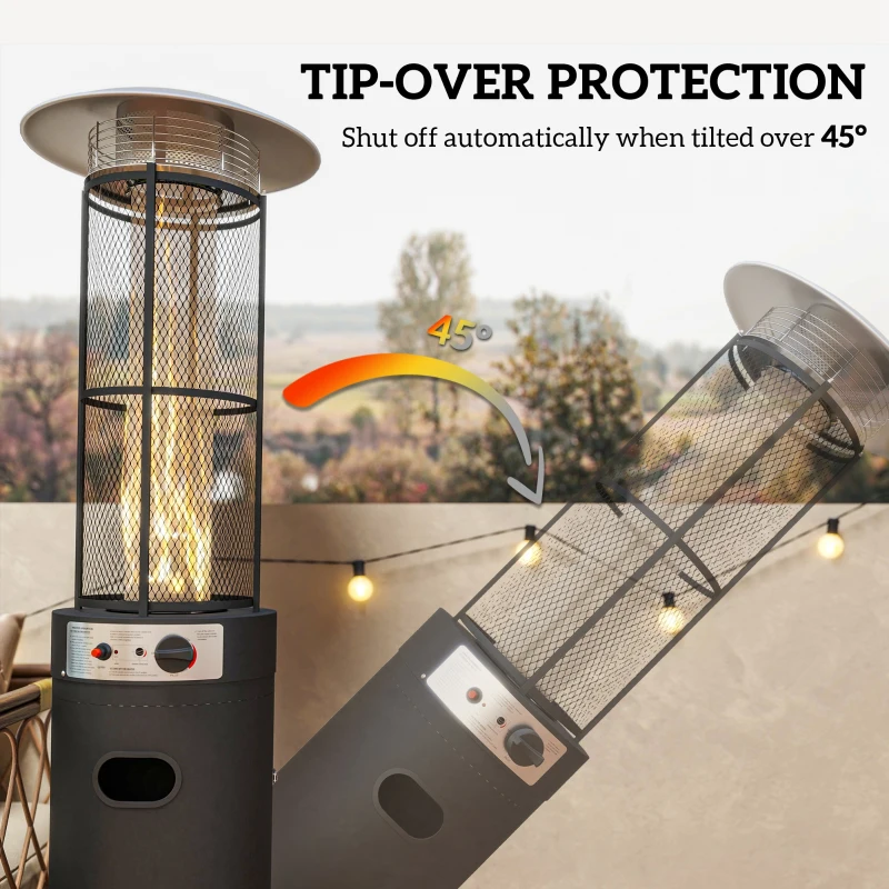Outsunny 11 KW Freestanding Gas Patio Heater, Adjustable Outdoor Garden Propane Heater with Tip-Over Switch, Wheels, Pulse Ignition, Tank Room with Openable Door, Black