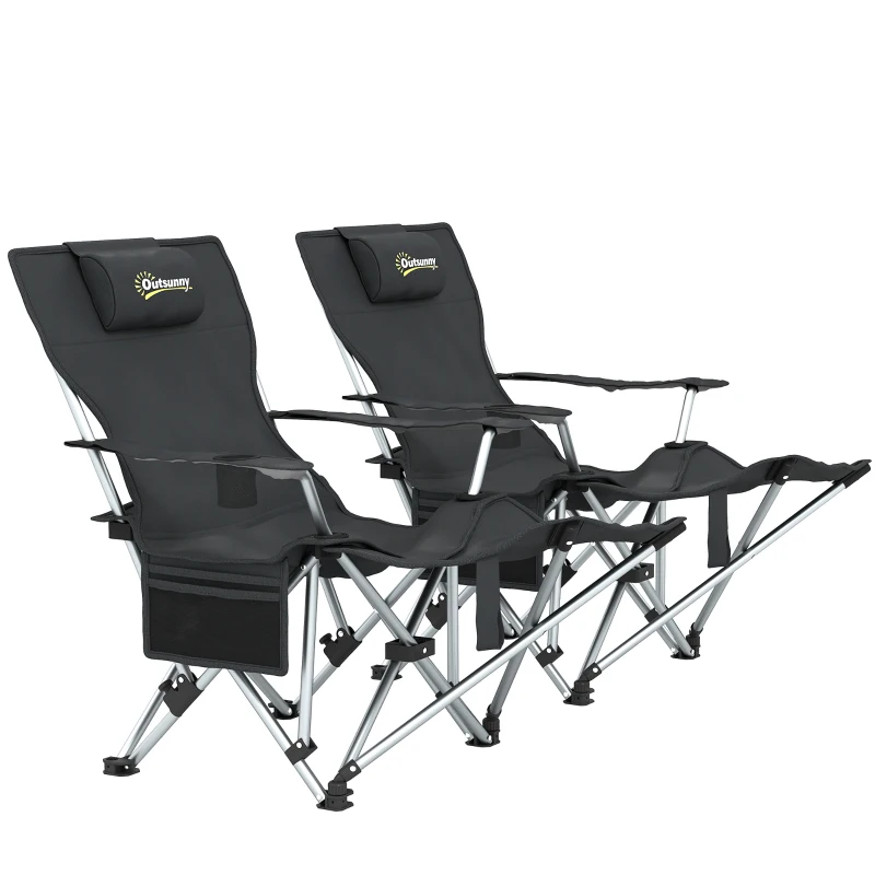 Outsunny 2er Set Campingstuhl faltbar Angelstuhl mit abnehmbar Fußstütze Kopfstütze Getränkehalter belastbar 120 kg Schwarz