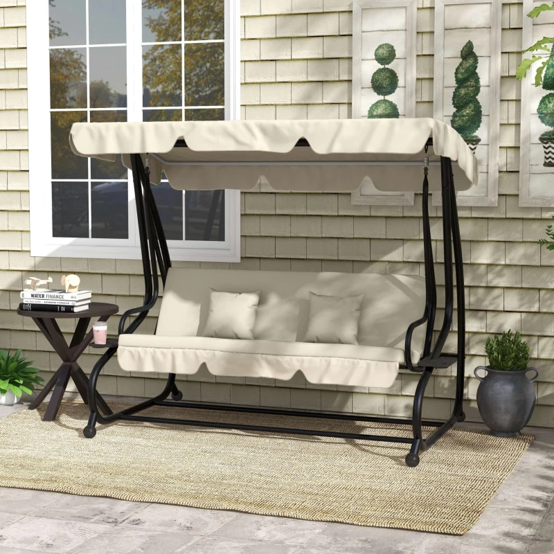 Outsunny Banco Baloiço de Jardim 3 Lugares Convertível em Cama com Toldo Ajustável e 2 Almofadas  200x120x164 cm Creme