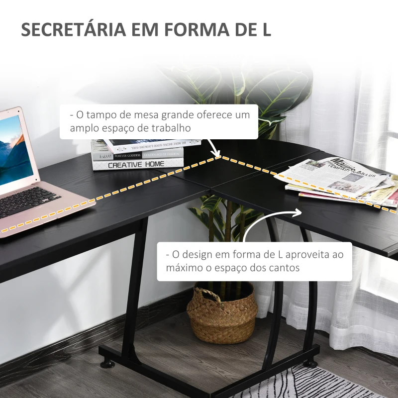 HOMCOM Secretária em Forma de L com Grande Espaço de Arrumação para Estúdio Escritório Estilo Moderno 112,5x152x74 cm Preto