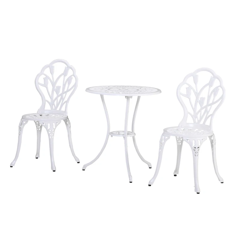 Outsunny 3 Piece Patio Bistro Set for 2, Outdoor Aluminium Garden Table and Chairs with Umbrella Hole for Balcony, White