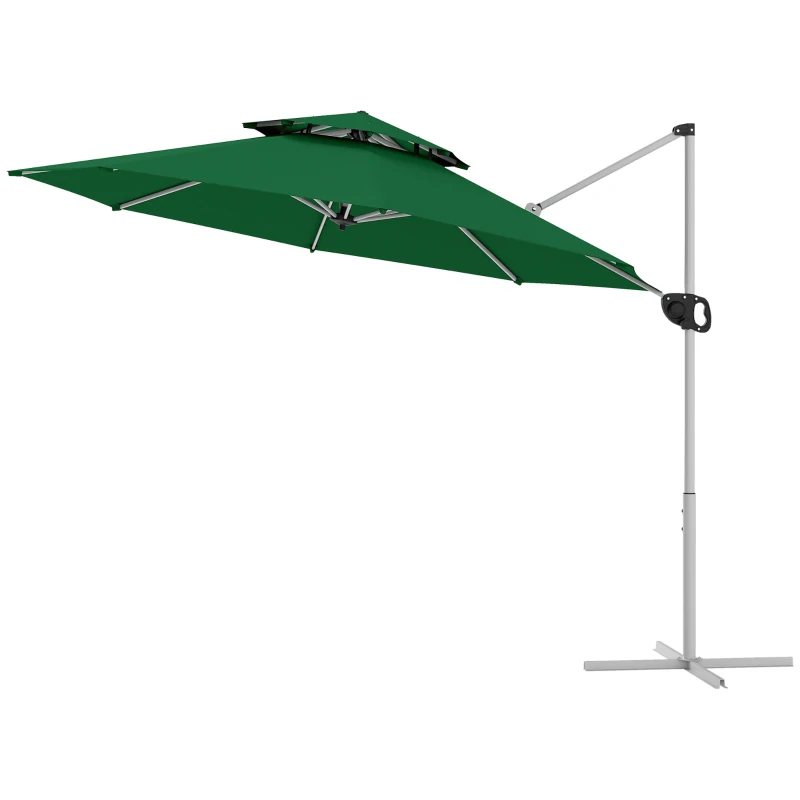 Outsunny Parasol Excéntrico Ø292 cm con Manivela Giro 360° Inclinación Ajustable Doble Techo y Base Cruzada Verde Oscuro