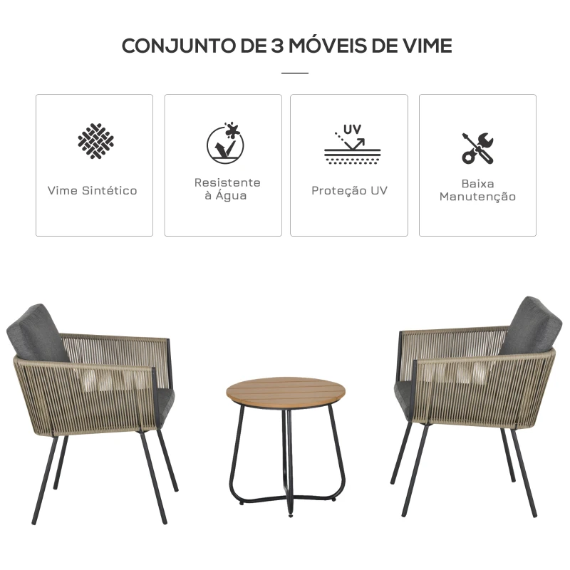 Outsunny Conjunto de Móveis de Vime Conjunto de Móveis para Jardim 3 Peças  Mesa Redonda e 2 Poltronas com Almofadas Acolchoadas Pátio Terraço Cinza e Marrom