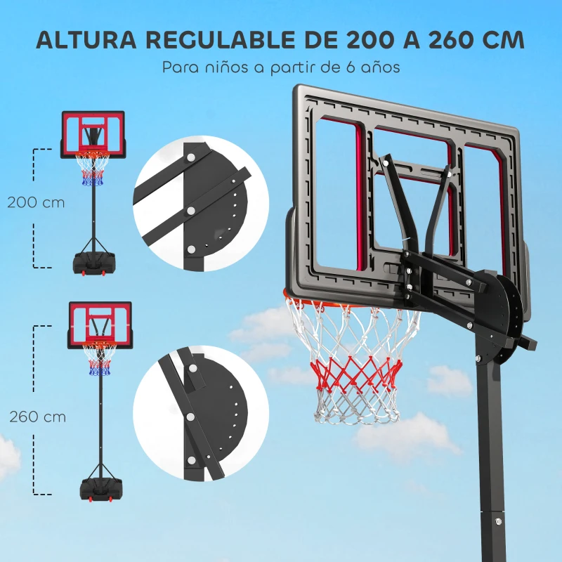 AIYAPLAY Canasta de Baloncesto Infantil con Altura Ajustable 200-260 cm Ruedas Base Rellenable y Bolsa de Peso Rojo y Negro