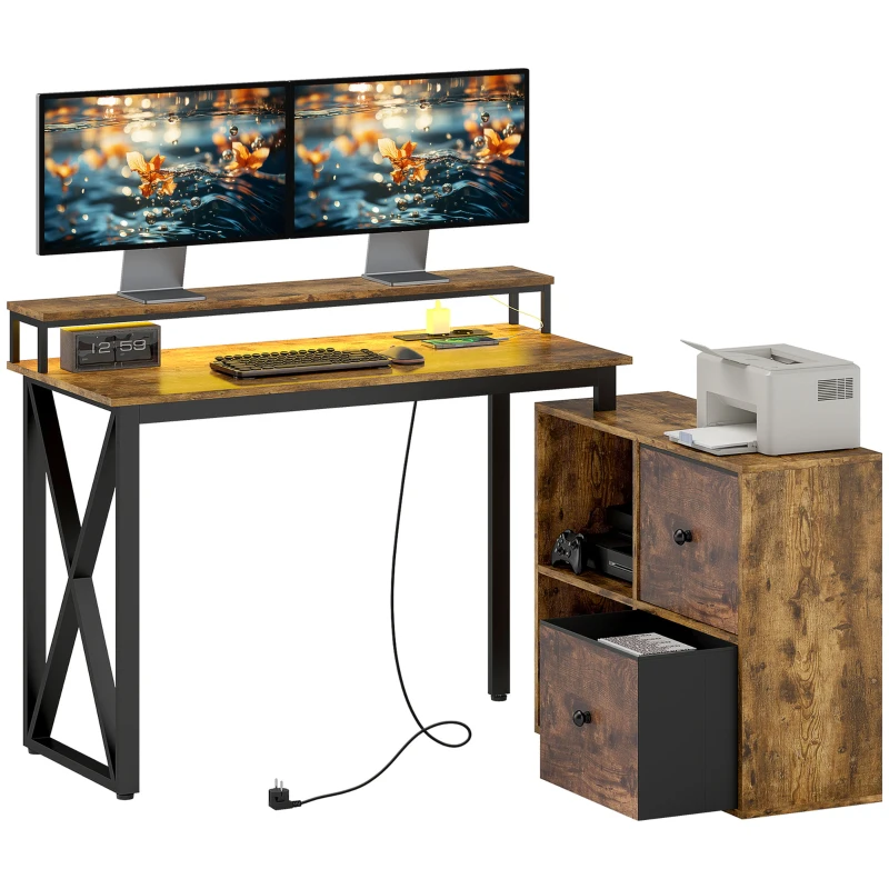 HOMCOM Escritorio Industrial con Luces LED y Estación de Carga con Patas Ajustables y Soporte en X 130x110x91 cm Madera Rústica