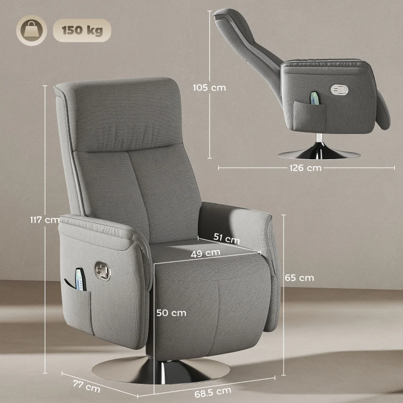 HOMCOM Sillón de Masaje Eléctrico con Reposapiés Sillón Relax Giratorio y Reclinable con Mando 68,5x77x117 cm Gris