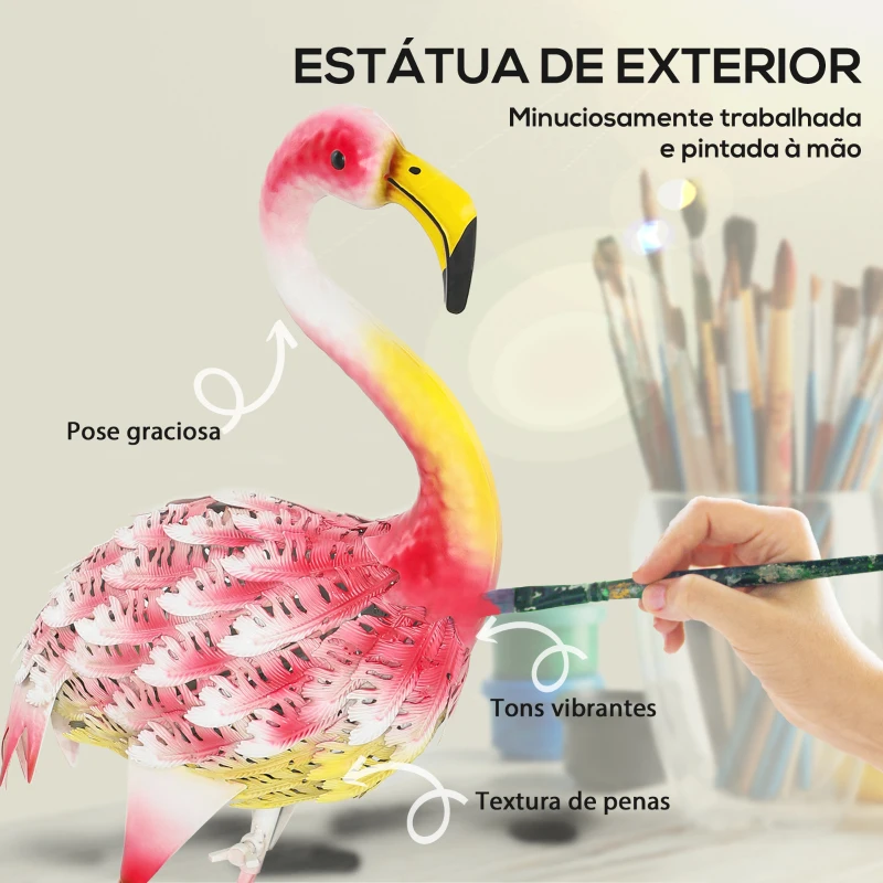 Outsunny Estátua de Jardim de Flamingo de Metal Decoração de Flamingos para Exteriores 27x14x60 cm Rosa