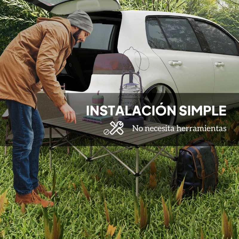 Outsunny Mesa de Camping Plegable con Encimera Enrollable y Bolsa Mesa de Pícnic Portátil para Acampar 95x55x50cm Caqui