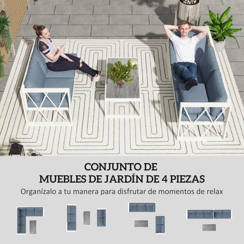 Outsunny Conjunto de Jardín Exterior con 2 Sofás de 2 Plazas con Asiento Ajustable Sofá de Esquina y Mesa de Centro Beige y Gris