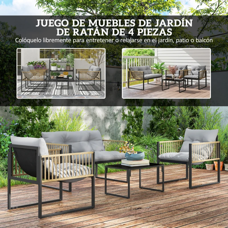 Outsunny Conjunto de Jardín de 4 Piezas con Sofá Sillones y Mesa de Ratán Sintético Cojines Cómodos y Resistente a Rayos UV