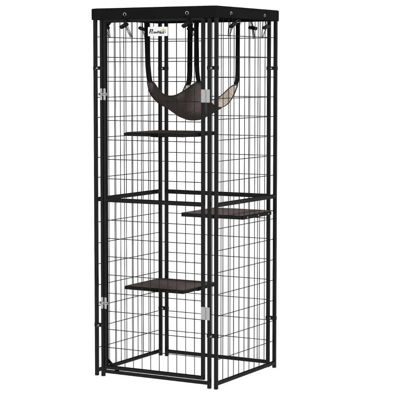 PawHut Jaula para Gatos Exterior e Interior Metálica con Cubierta Impermeable Perchas Hamaca y Puerta 61,5x55x157 cm Negro