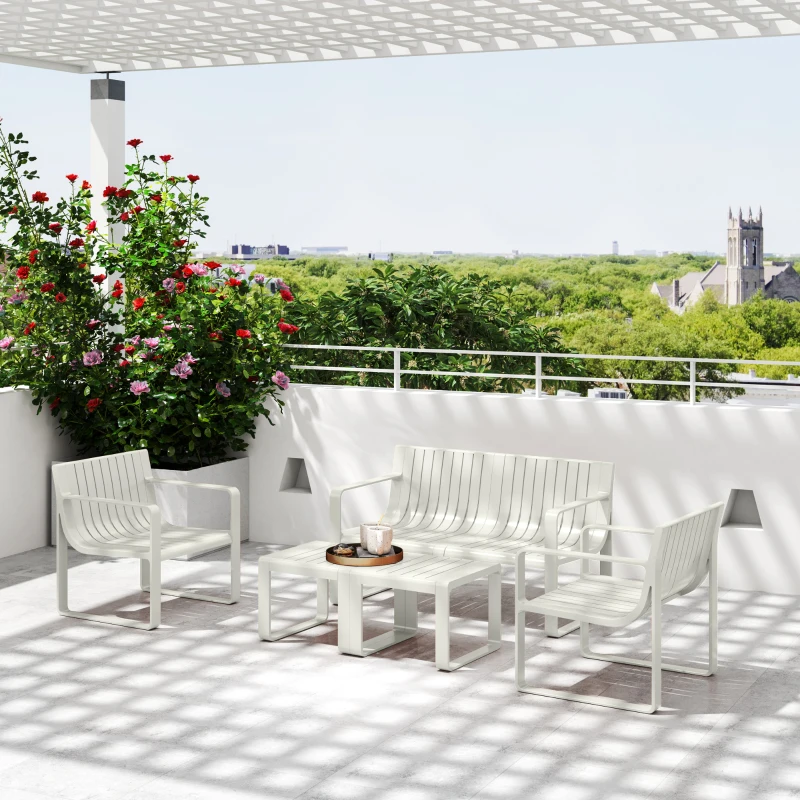 Outsunny Conjunto de Jardín de 5 Piezas con Sofá de 2 Plazas Sillones y Mesas Diseño de Lamas Polipropileno Impermeable Anti-UV