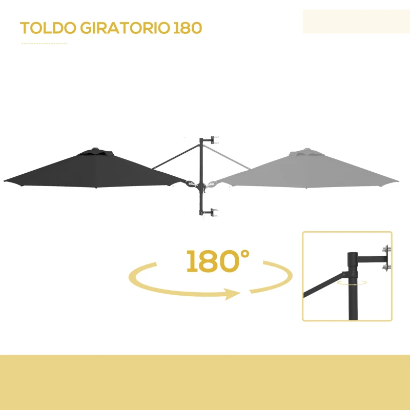 Outsunny Sombrilla de Pared Giratoria 180° con Manivela Estructura Metálica y Ventilación para Jardín Patio Ø292x123 cm Gris