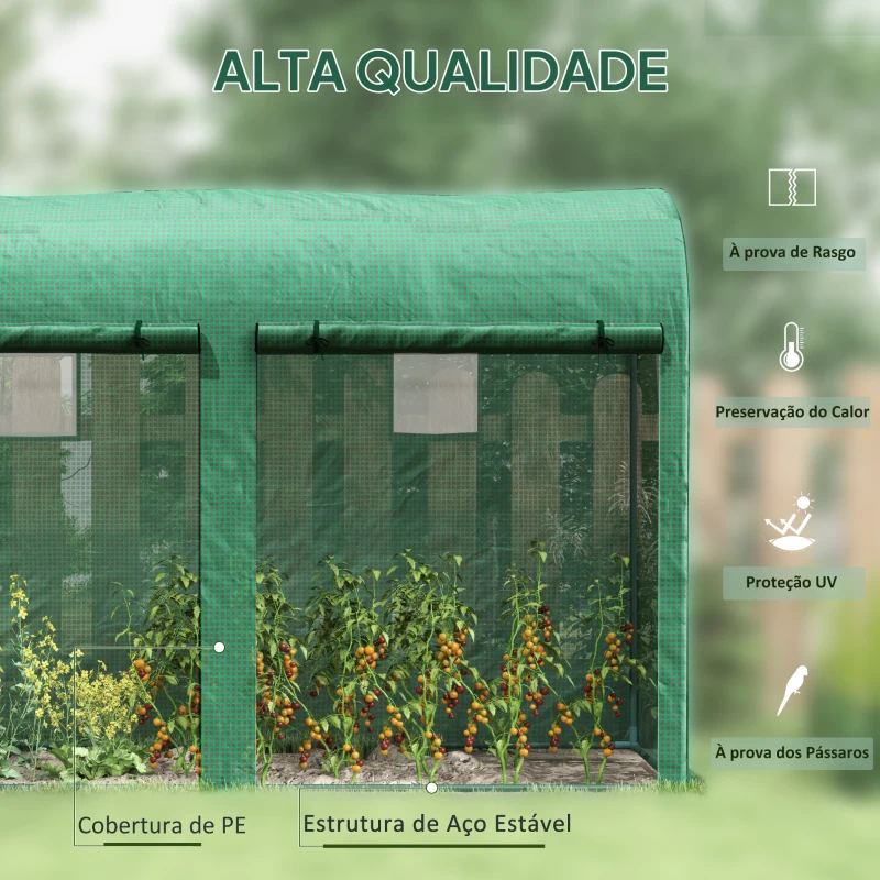 Outsunny Estufa Jardim Tipo Túnel com 4 janelas e 2 portas para Plantas de PE de aço 300x100x200 cm Verde