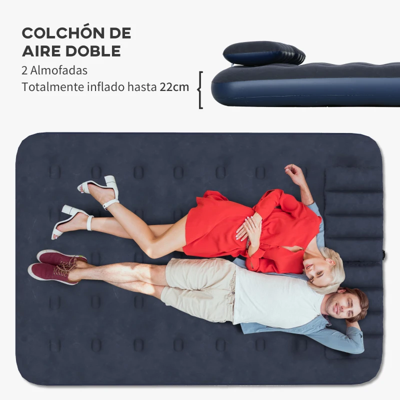 Outsunny Colchón Hinchable Doble con Inflador Manual para Acampada o Invitados en Casa Tacto Aterciopelado 191x137x22 cm Azul