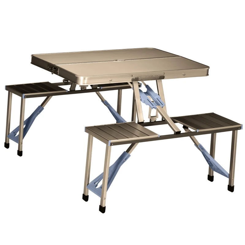 Outsunny Mesa de Campismo Dobrável com 4 Assentos Orifício para Chapéu de Sol e Estrutura de Alumínio para Praia Piquenique 136x85,5x66cm Prata